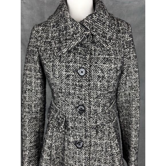 EXPRESS Wool Blend Tweed Trench Coat Pea Coat Womens Small Black & White Plaid - Picture 4 of 14